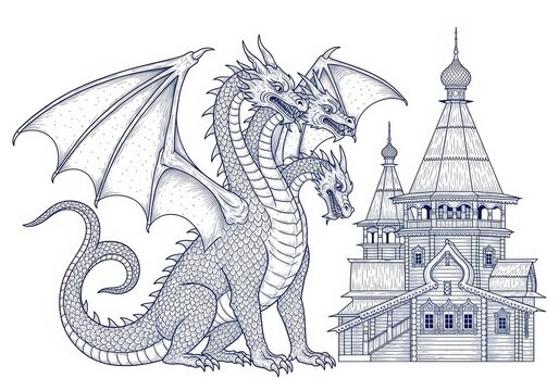 Three headed dragon standing next to traditional russian wooden architecture. Fantasy creature illustration inspired by slavic folklore. slavic style artistic drawing concept.