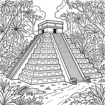 ancient Aztec pyramid famous landmark coloring page