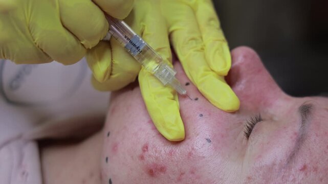 Cosmetic practitioner performs microneedling treatment on facial skin, Close view shows a precision pen treating blemished skin on the cheek