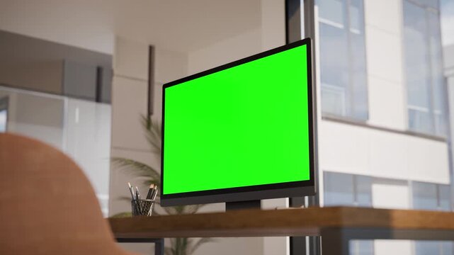 Computer PC Monitor Green Screen In Modern Executive High Office - Perspective View Wide Angle