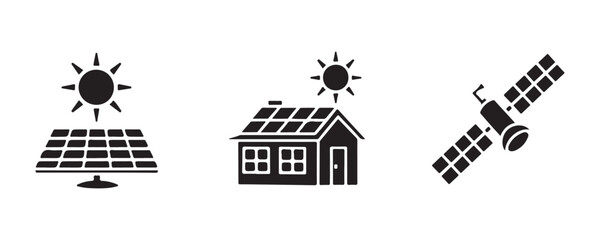 Clean energy technology icons featuring solar panels house with rooftop array and satellite. © Update
