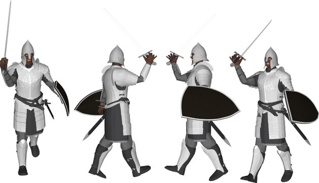 Set of four multi-angle views of a medieval knight soldier in full silver plate armor holding a sharp iron sword and defensive black shield
