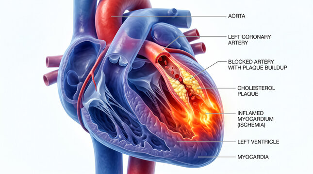 Anatomical 3D model of a human heart with a cross-section of a coronary artery showing atherosclerosis cholesterol plaque blockage
