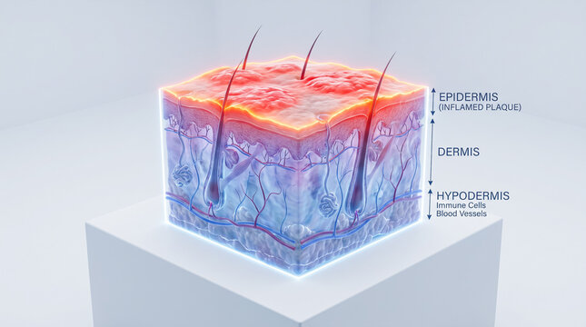 3D cross-section block of human skin showing hair follicles, dermis, epidermis layers, and a red glowing inflamed top layer