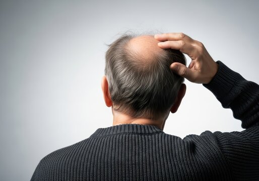 Rear view of a middle-aged man with thinning hair and a bald patch on his crown, male pattern baldness concept
