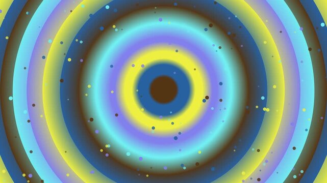 Concentric circles cascade with swirling confetti in vibrant turquoise yellow and purple hues creating a mesmerizing hypnotic backdrop