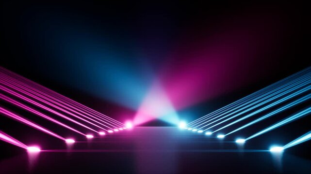 Symmetrical magenta and cyan stage lighting with converging diagonal beams, reflective floor, deep purple glow, and tall diffused columns creating futuristic event atmosphere