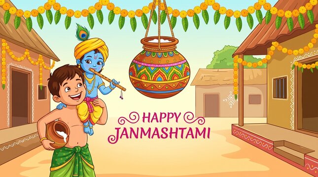 Kanha stealing makhan (cream) with Sudama and Balrama on Krishna Janmashtami festival background of India in vector
