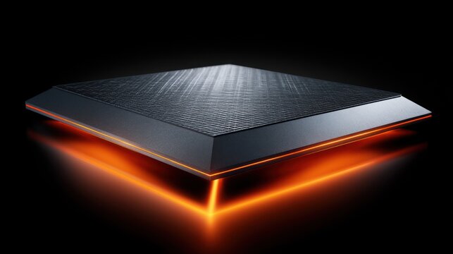 Slim black square hardware unit with orange under-glow.
