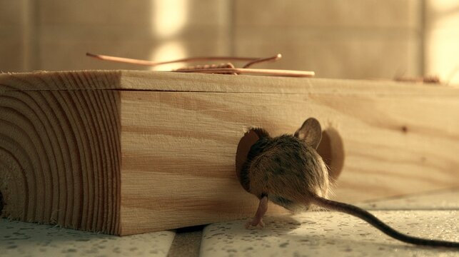 Small brown mouse entering a wooden box trap.