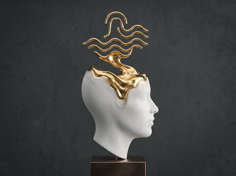 Surreal 3D rendering of a white human head sculpture with fluid golden thoughts waves rising up from the brain area. Mind control and creativity concept.