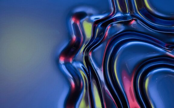 Blue iridescent liquid glass macro abstract background