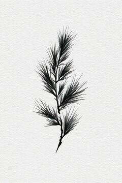 Minimalist black ink illustration of a pine branch on white paper.