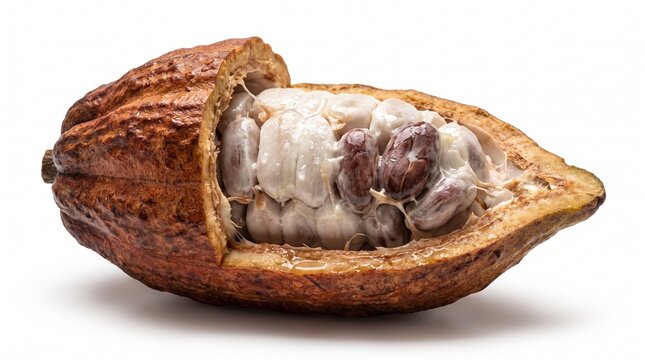 Fresh raw cocoa pod sliced open horizontally revealing the white pulp and wet cacao beans inside isolated on white background