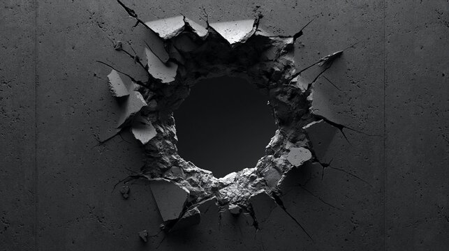 Dark concrete wall with a large broken hole and cracked textures
