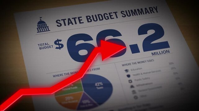 Stylized hypothetical state budget summary with a rising red arrow and increasing dollar amount, illustrating government spending and budget growth. 15255