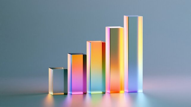 3D bar graph made of translucent colorful glass cubes showing financial growth