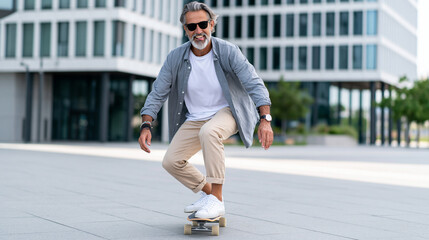 Obraz premium A man in his 60s skateboarding casually along a modern city plaza, natural motion, confident and playful expression, bright daylight, with copy space.