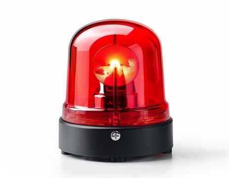 red warning siren flashing emergency alarm light signaling danger and security alert on white background