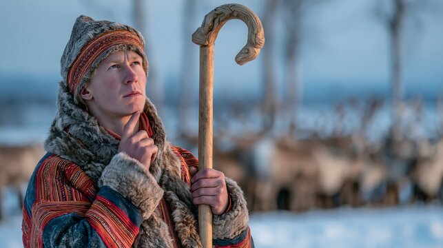 Reindeer herder holding a herding staff in an Arctic landscape while thinking. Concept of quiz, consultation and trivia about reindeer herding.
