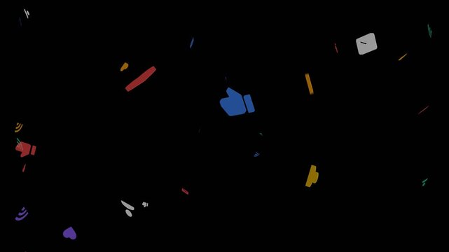 Social media icons doodle with hand drawn marker texture floating and flickering on black background for digital engagement video overlay