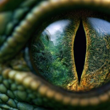 Reptile eye reflecting lush jungle landscape