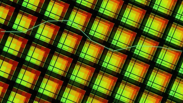 Geometric grid pattern in vibrant yellow and green hues with an ascending light blue line creating an abstract textured design