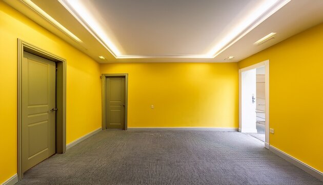 a bright yellow room with two doors and a minimalist design featuring a smooth floor and ample lighting from overhead panels