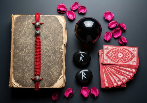 Mystical Occult Still Life with Old Book, Tarot Cards, Crystal Ball, and Rune Stones for Divination and Witchcraft