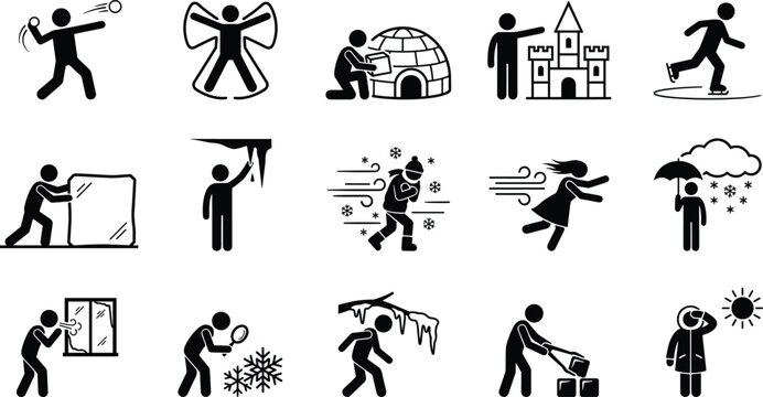 Set of winter activities and weather icons featuring people playing in snow and cold climate conditions
