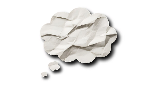 Crumpled white paper thought bubble with pink glow isolated on a transparent background
