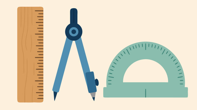 Neatly arranged wooden ruler compass and mint protractor on soft cream background, clean school geometry vector illustration for education, math lessons and classroom supply tool set