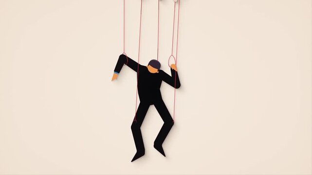 Human Puppet Controlled by Strings Marionette 2D Animation &ndash; Manipulation, Authority, Corporate Control, and Loss of Freedom Concept