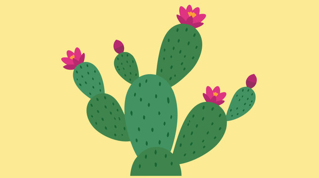Blooming prickly pear cactus with flat green pads, dotted spines and vivid magenta flowers on warm pale yellow background, modern desert botanical vector for decor and summer branding