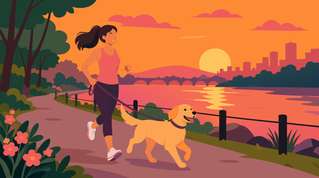 Woman jogging with happy golden dog on a riverside path at glowing sunset, city skyline, bridge, flowers and warm orange pink fitness lifestyle vector illustration for wellness and outdoor exercise