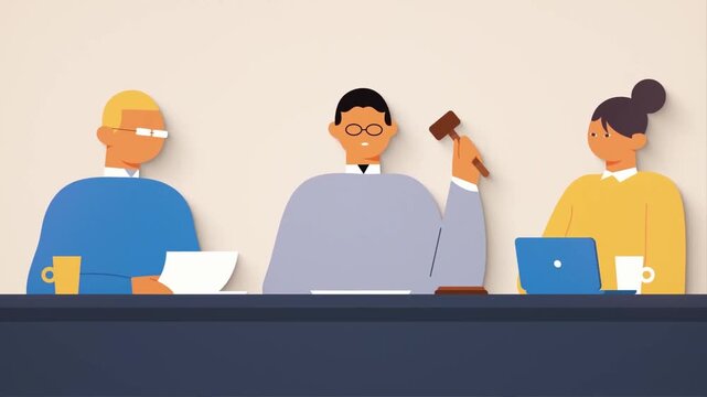 Judges with Auction Gavel in Courtroom Legal Desk 2D Animation &ndash; Justice System, Trial, Law Enforcement, and Judgment Concept