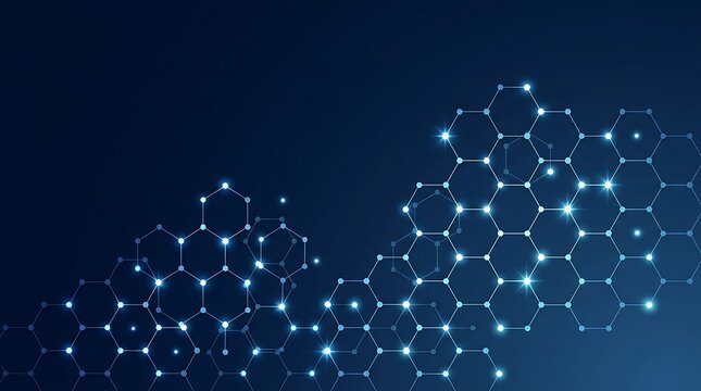 Abstract Digital Network Connection with Glowing Hexagons on Dark Blue Background