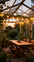 Fototapeta premium Cozy outdoor greenhouse glowing with warm string lights at dusk, wooden dining table, chairs and lush plants, intimate garden atmosphere for evening gatherings and conversation