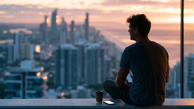 Australian millennial male late 20s sitting on a rooftop ledge at sunrise, coffee cup beside him and phone showing auction results, staring at a coastal city skyline, back to camer