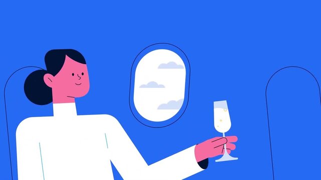 Woman Looking out Airplane Window with Champagne Glass 2D Animation &ndash; Luxury Travel, First Class Flight, Tourism, and Vacation Lifestyle Concept