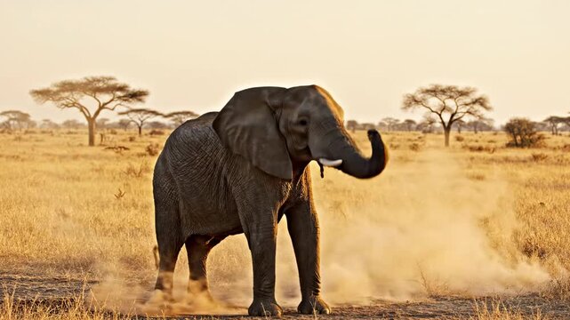 A mature African elephant walks through the dusty savanna plains near acacia trees during a warm golden hour as the massive mammal kicks up earth while wandering across the wild protected region