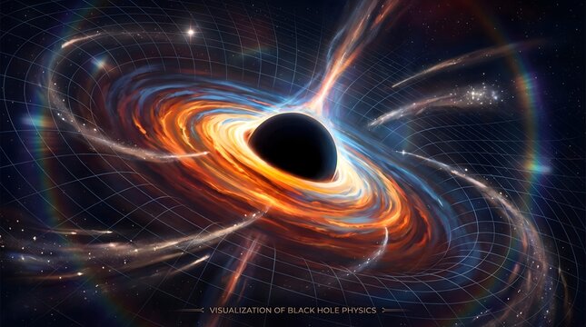 Illustration of a massive black hole with a bright glowing accretion disk, gravitational waves, and cosmic particles in deep space.