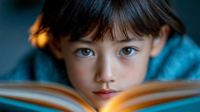 A cute Chinese child was engrossed in reading, with books blocking most of her face and only revealing a focused gaze. Staring at the book, the sunlight shone on her, casting a gol