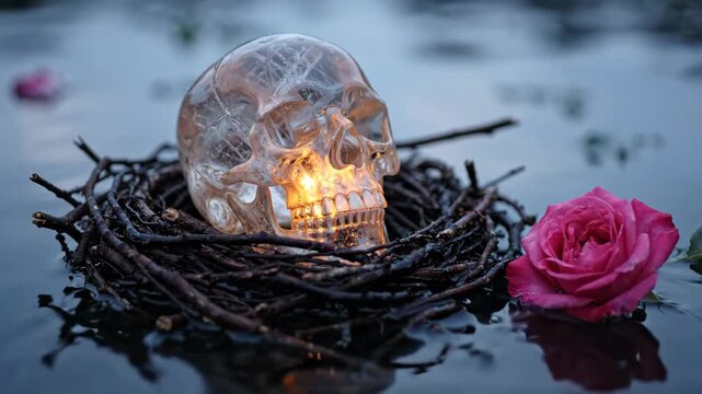 Crystal skull glowing in twig nest floating on water with rose for mystical and gothic content