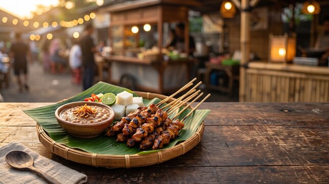 Traditional Indonesian chicken satay with rich peanut sauce served on a banana leaf over a woven bamboo plate