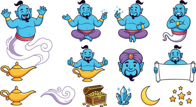 Cute Magic Genie Lamp Mascot Character Clipart Collection Vector Featuring Flat Cartoon Blue Genie Finger Snap Lotus Pose Turban Head Blank Text Scroll Treasure Chest and Stars Elements