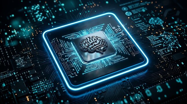 Advanced Artificial Intelligence Microchip Processor with Glowing Neural Network Circuitry