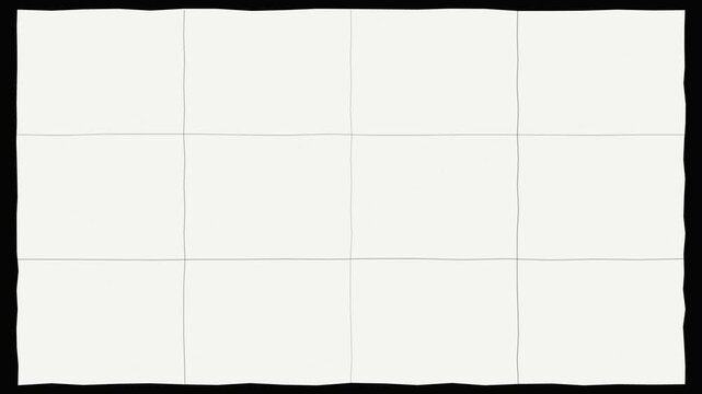 Torn paper edge shape expanding reveal with flickering white technical grid lines on black background transition effect