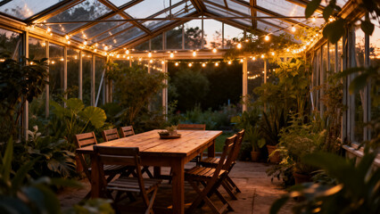 Obraz premium Cozy outdoor greenhouse glowing with warm string lights at dusk, wooden dining table, chairs and lush plants, intimate garden atmosphere for evening gatherings and conversation