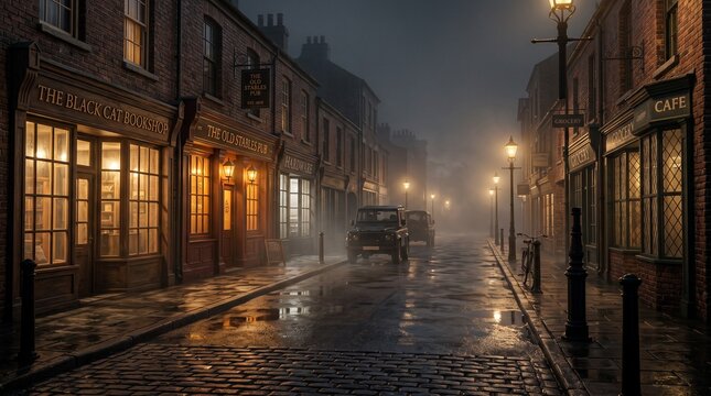 A vintage dark cobblestone street features glowing shop fronts with warm golden lighting and classic brick buildings under a mysterious evening fog in a small town